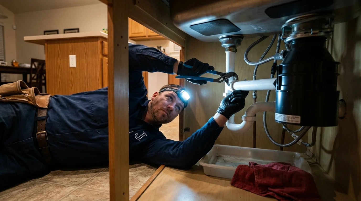 P-trap and supply line connections under a kitchen sink showing a common leak point in Chandler, AZ